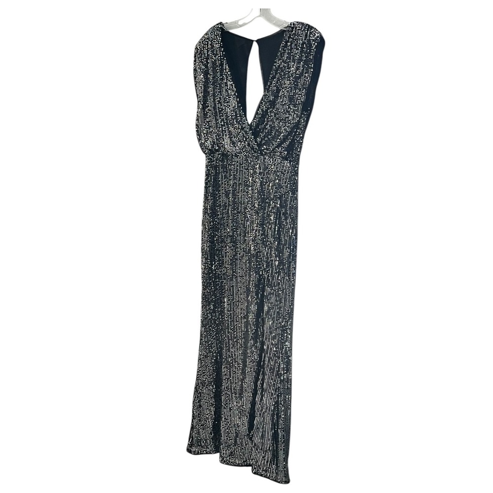 Black Silver Sequin Maxi Dress M Deep V Slit Glam Evening Gown - Picture 10 of 16
